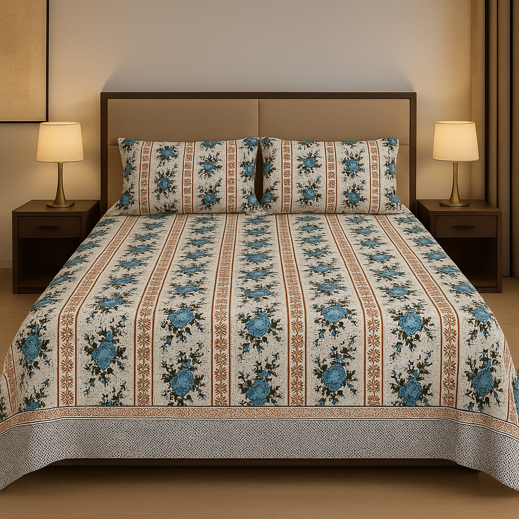 Elegant Floral Striped Bedsheet – Premium Cotton with Rose Design