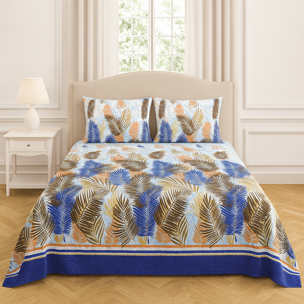 Cotton Double Bed Sheet with Pillow Covers – Leaf Print Design