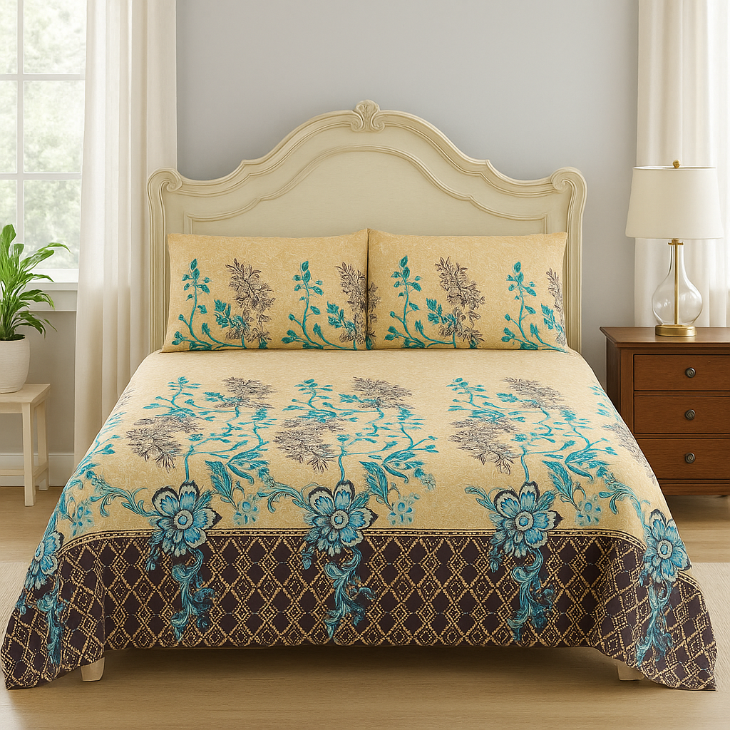 Luxury Cotton Bedsheet Set – Leafy Print with Pillow Covers